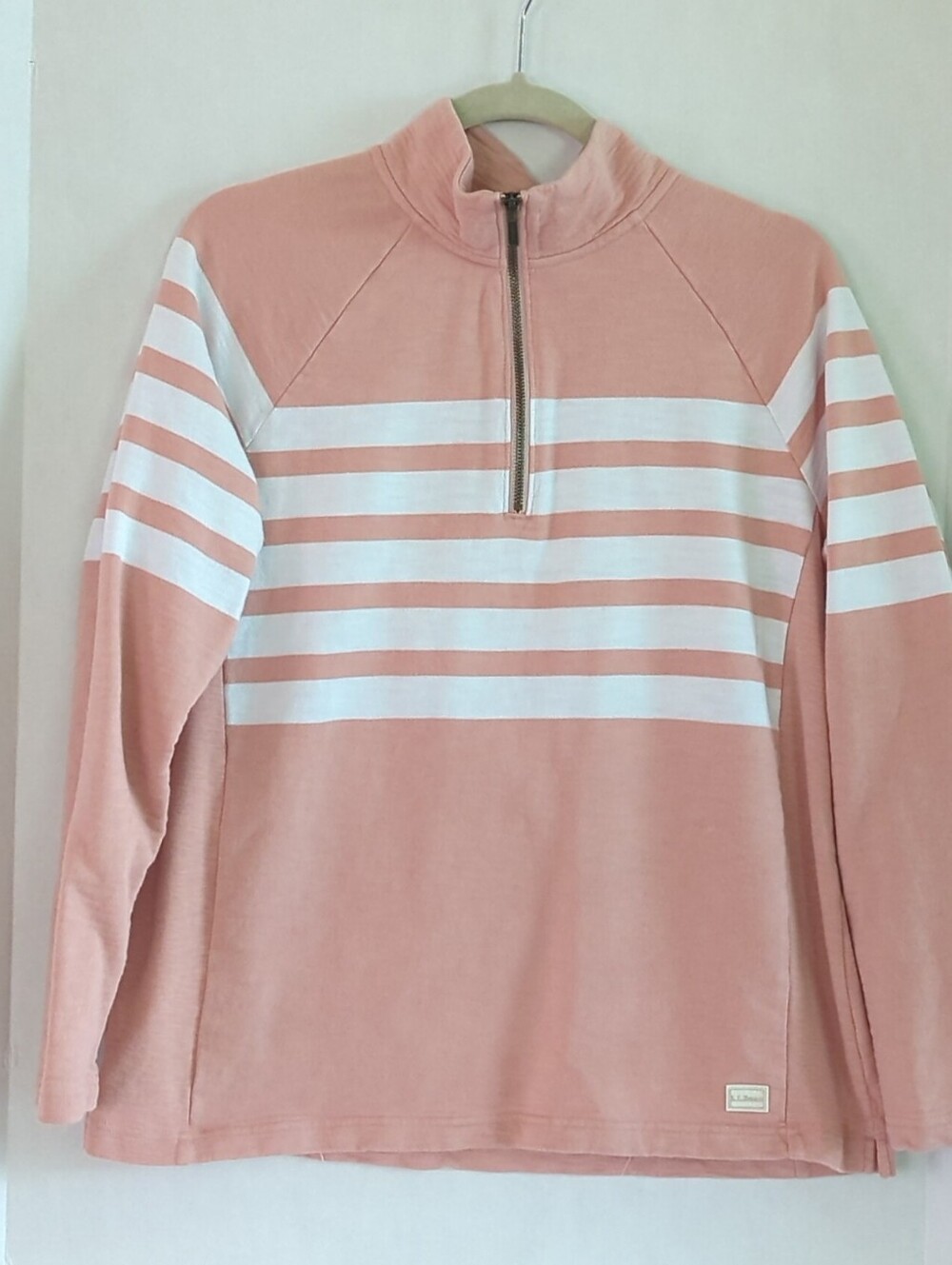 LL Bean Peach w White Stripes 1/4 Zip 100% Cotton Long Sleeve Pullover Top Sze L